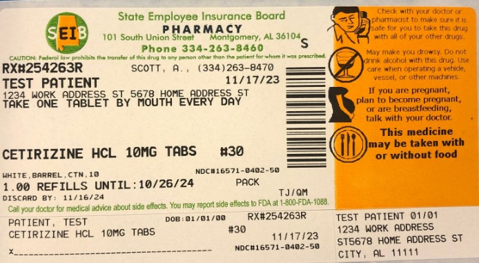 Stock Minimum Refill Label Example Auburn U SEIB Pharmacy - Quick Refill